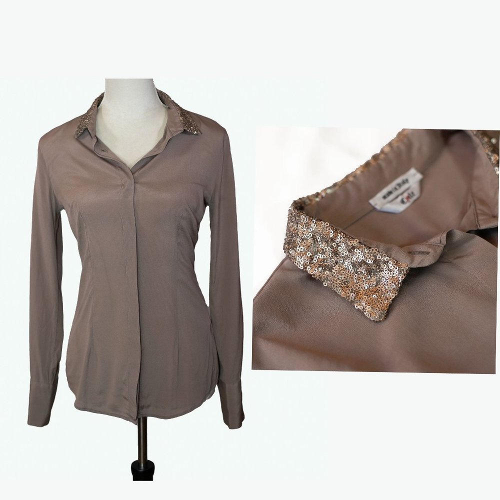 Cycle Made In Italy Womens Silk Shirt Sequin Collar Long Sleeves Beige Size S